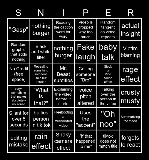 Sssniperwolf Bingo Card