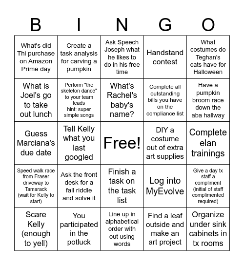 Fall Team Bonding Bingo Card