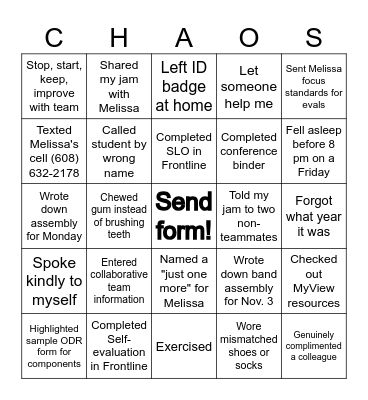 October Teacher Chaos Card Bingo Card