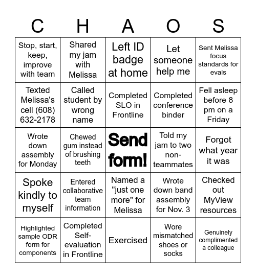 October Teacher Chaos Card Bingo Card