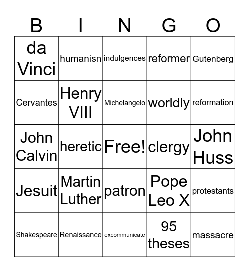 Renaissance and Reformation Bingo Card