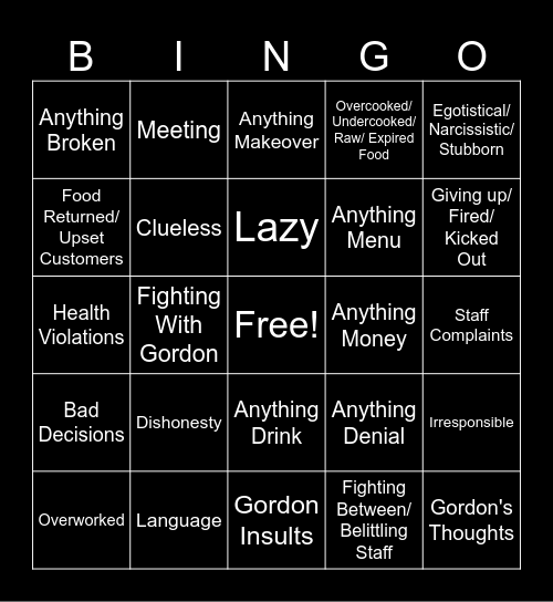 Kitchen Nightmares Bingo Card