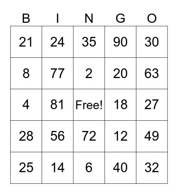 Multiplication Bingo Card