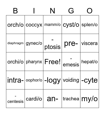 Medical Terminology Bingo Card