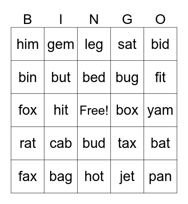 CVC-Short Vowels Bingo Card