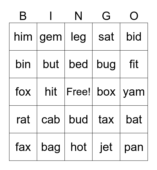 CVC-Short Vowels Bingo Card