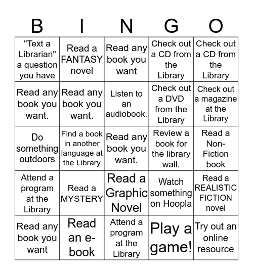 Middle School Bingo Card