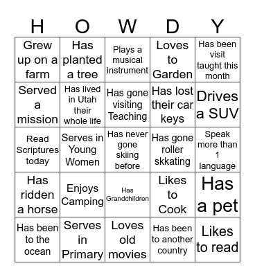 Howdy Black out Bingo Card