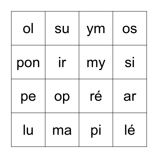 Bingo des syllabes simples Bingo Card