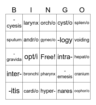 Medical Terminology Bingo Card