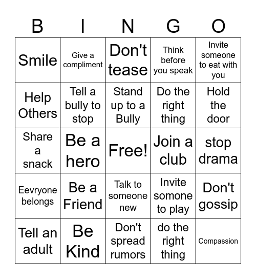 Anti-Bullying Bingo Card