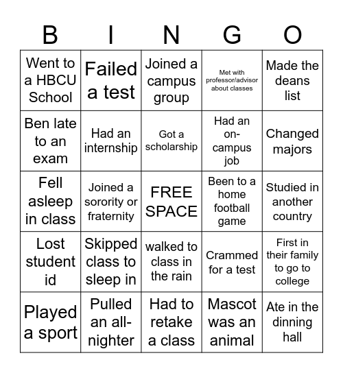 College Bingo Card