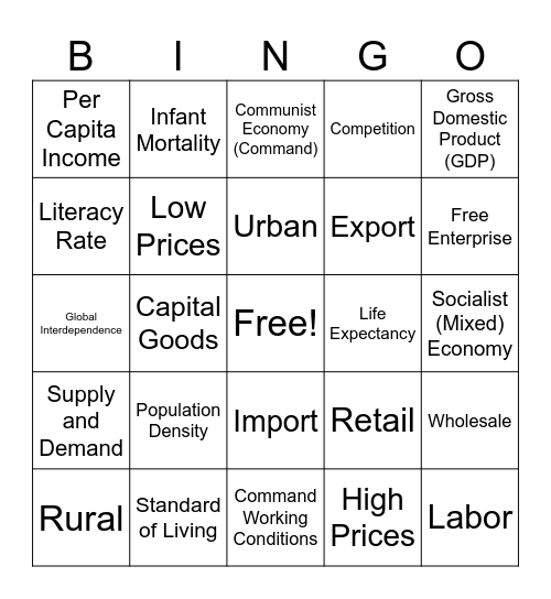 6th Grade Demographic and Economy Terms Bingo Card