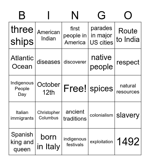 Columbus Day/Indigenous People Day Bingo Card