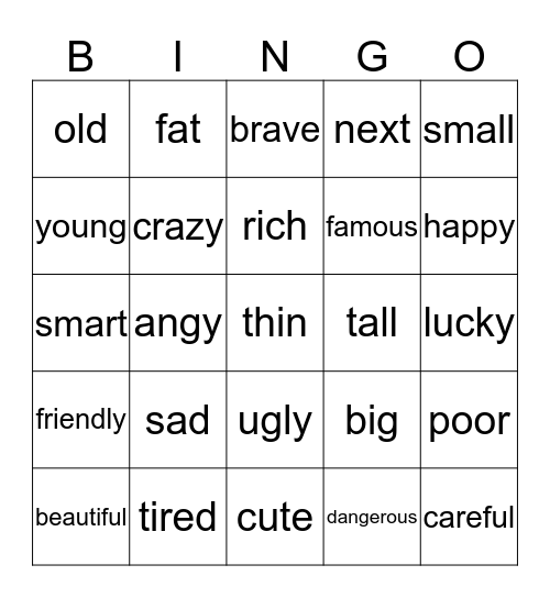 Adjectives 3/7/16 Bingo Card