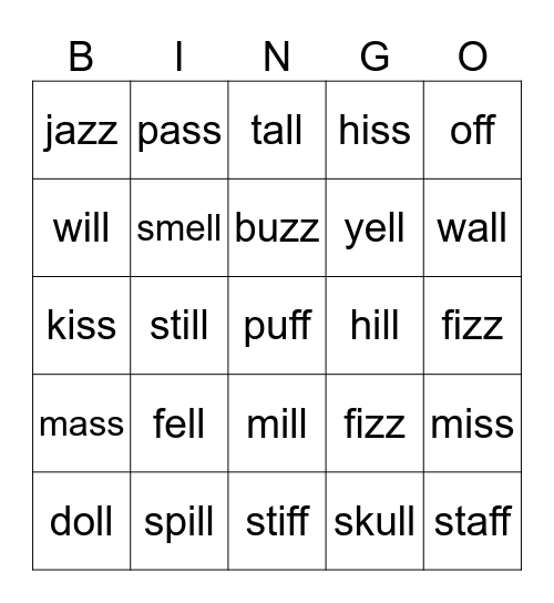 double consonant word Bingo Card