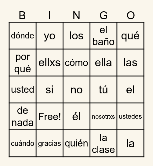 Spanish Class Sight Words Bingo Card