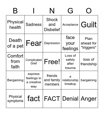 Grief & Loss Bingo Card