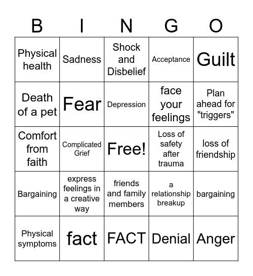 Grief & Loss Bingo Card