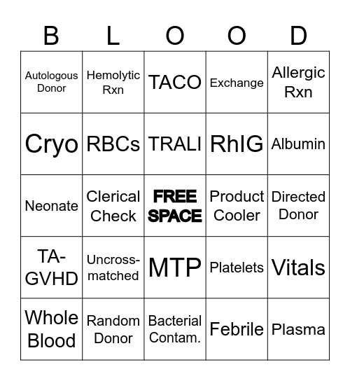 Transfusion BINGO! Bingo Card