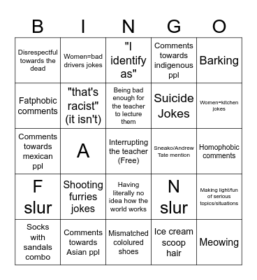 High School Kids Bingo Card