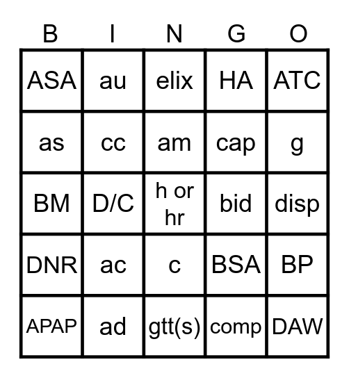 RX- Abbreviation List 01 Bingo Card