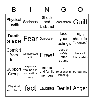 Grief & Loss Bingo Card