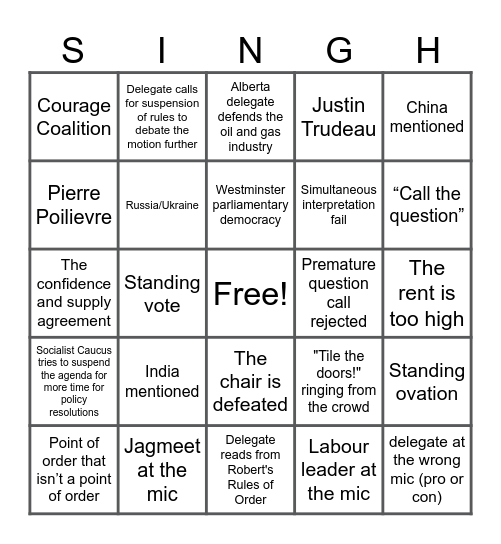 NDP Convention Bingo: 2023 Edition (v1.0) Bingo Card