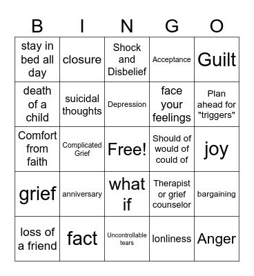 Grief & Loss Bingo Card