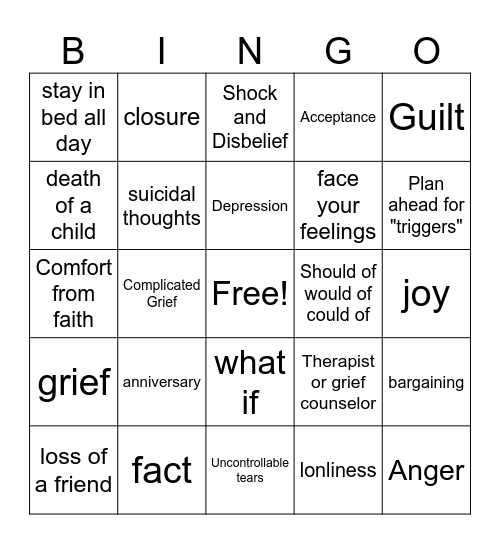 Grief & Loss Bingo Card