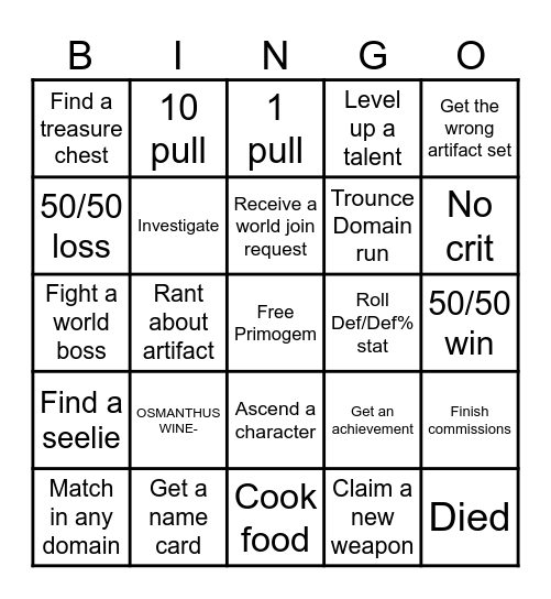 Genshin Impact Dailies Bingo Card