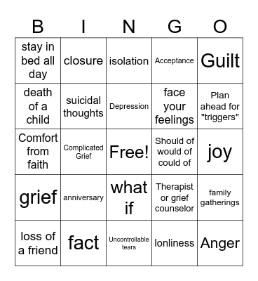 Grief & Loss Bingo Card