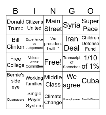 Hillsborough Young Democrats Democratic Debate Bingo Card