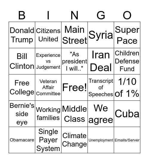 Hillsborough Young Democrats Democratic Debate Bingo Card