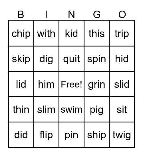 Short i Bingo Card