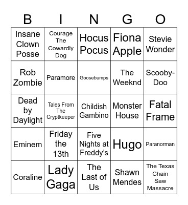 Spooky Games, Songs about Monsters, Children's Horror Bingo Card