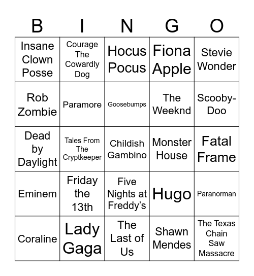 Spooky Games, Songs about Monsters, Children's Horror Bingo Card