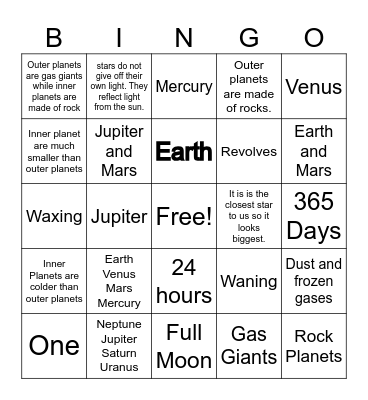 Solar System Bingo Card