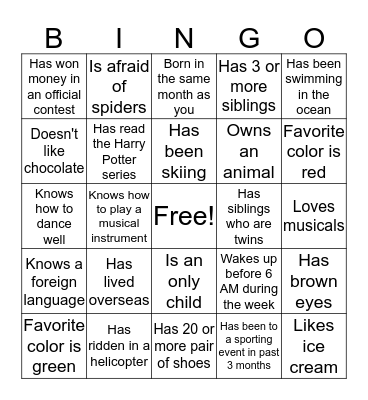 Getting to Know You Bingo Card
