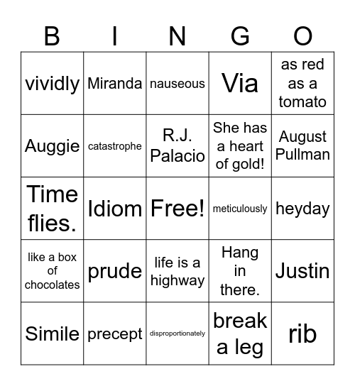 WONDER Bingo Card