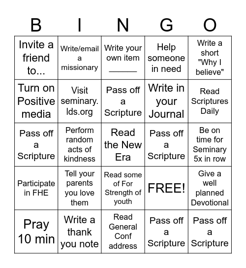 Seminary Bingo Card
