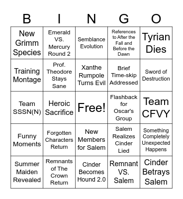 RWBY Volume 10 Bingo Card
