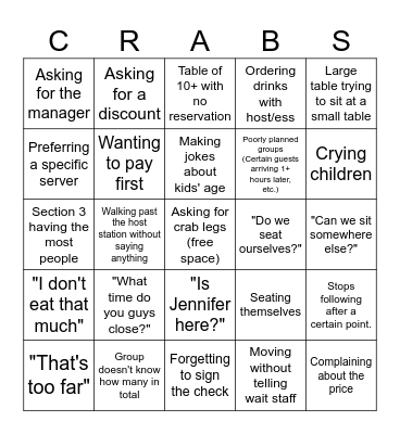 Pacific Seafood Buffet Bingo Card