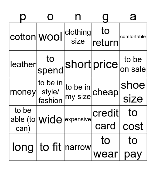 Unidad 3 Ponga Bingo Card