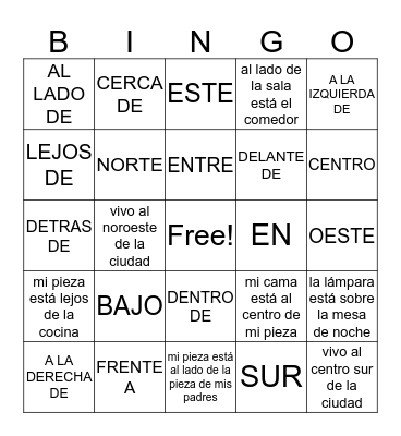 PREPOSICIONES DE LUGAR Y ORIENTACION Bingo Card