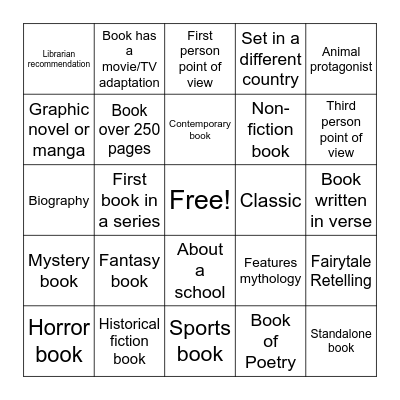 Reading Bingo Card
