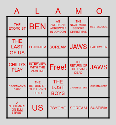 Horror Music Bingo Card