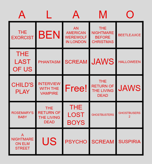 Horror Music Bingo Card