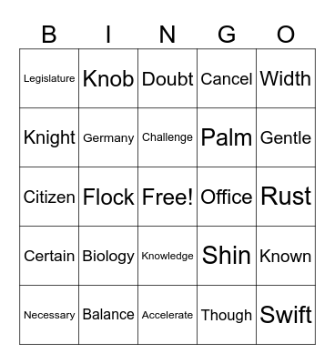 Week 8 NVL Words Bingo Card