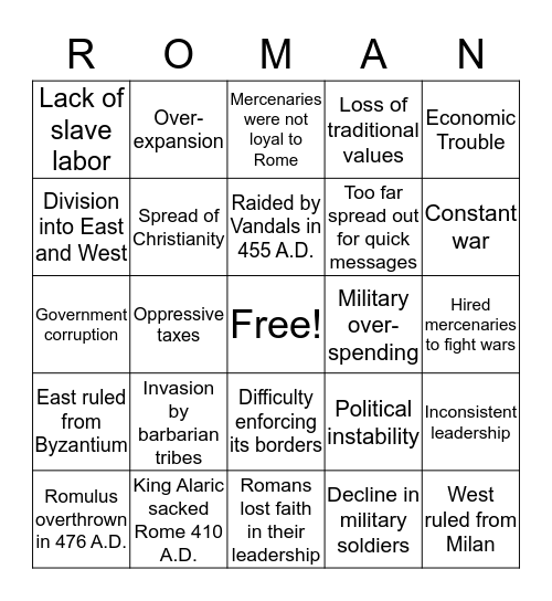 Fall of the Roman Empire Bingo Card